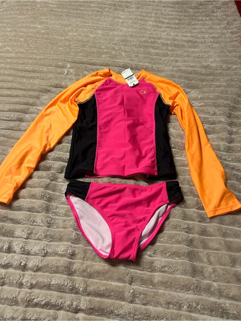 Calvin Klein Pink, Orange & Black Long Sleeve Girls Rash Guard Swim Set